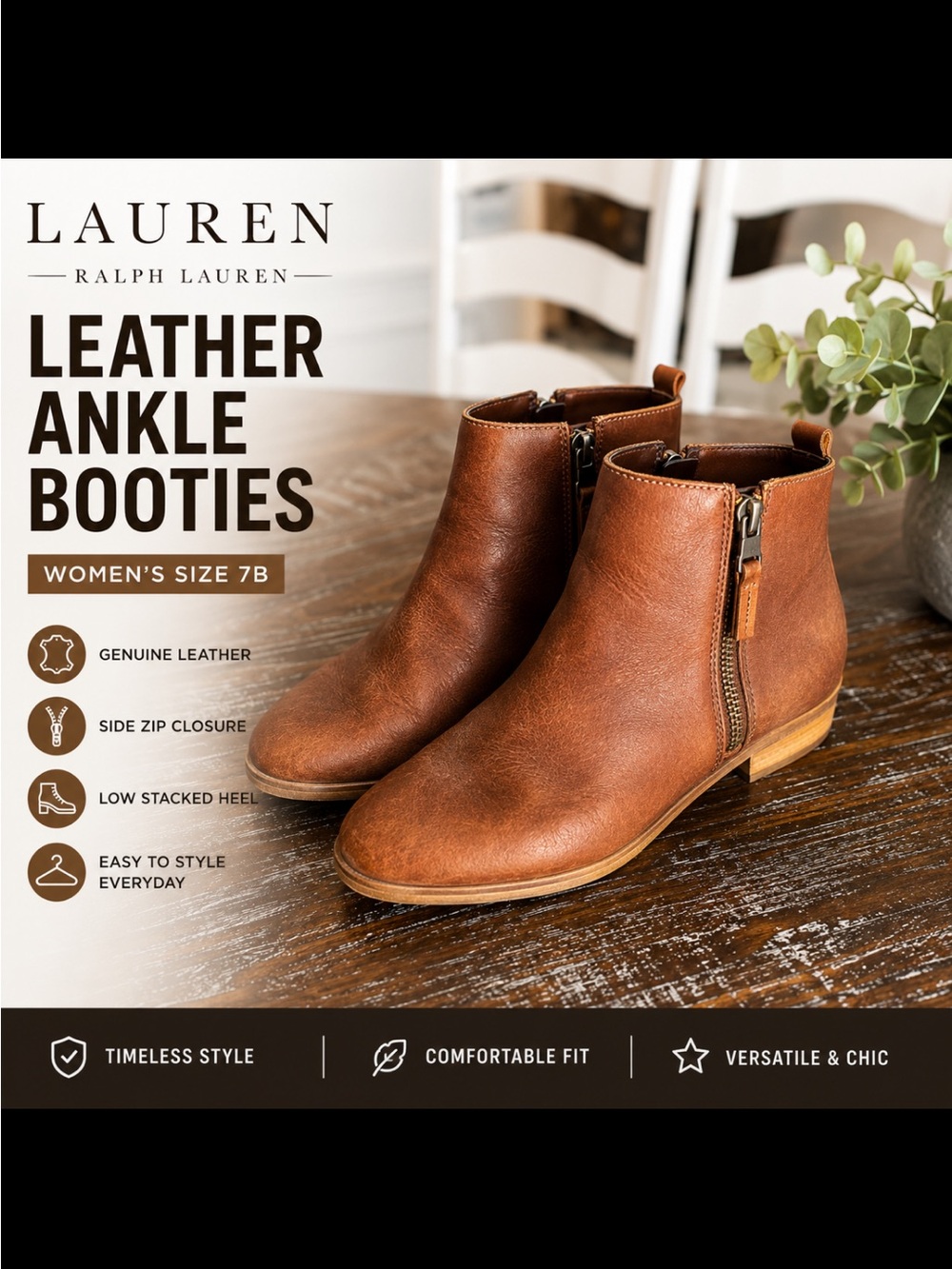 Lauren Ralph Lauren Cognac Leather Ankle Booties with Side Zip